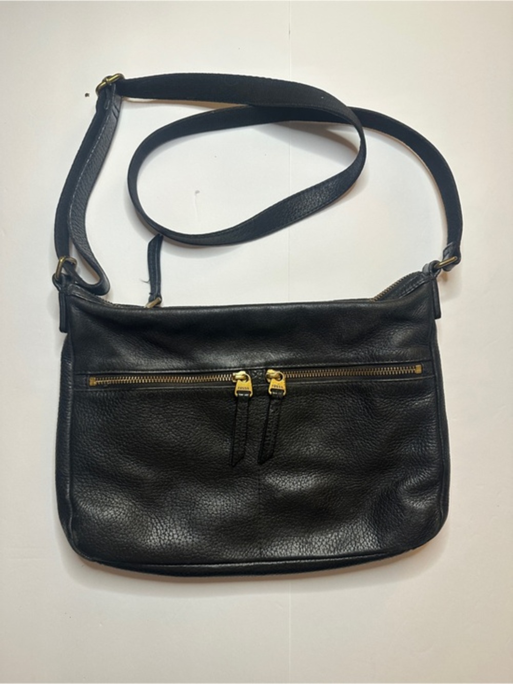 Vintage Fossil Black Leather Gold Detail Crossbody Bag